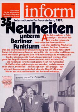 1987 Unterhaltungselektronik von Siemens ARD, ZDF und BSH Unterhaltungselektronik von Siemens: Auf der Internationalen Funkausstellung in Berlin 1987 stellt die Marke das volle Sortiment vor. Die Farbfernseher, Videorecorder, Radiorecorder, Uhrenradios, HiFi-Anlagen und Weltempfänger sind auf dem neuesten Stand der Technik.