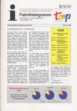 Fabriktelegramm, Edition February 1999 Giengen: Fabriktelegramm. Information for our employees The employee magazine "Fabriktelegramm" was distributed for a while to the workforce at the Giengen plant. It published information from product division management, ran reports from other plants, and informed about employee events and projects.