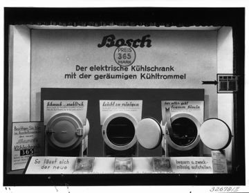 1933 Bosch refrigerator The first refrigerator: a round affair In 1933, Bosch introduces the first electric refrigerator. It has a round shape and a capacity of 60 liters, and sells for 365 Reichsmark.