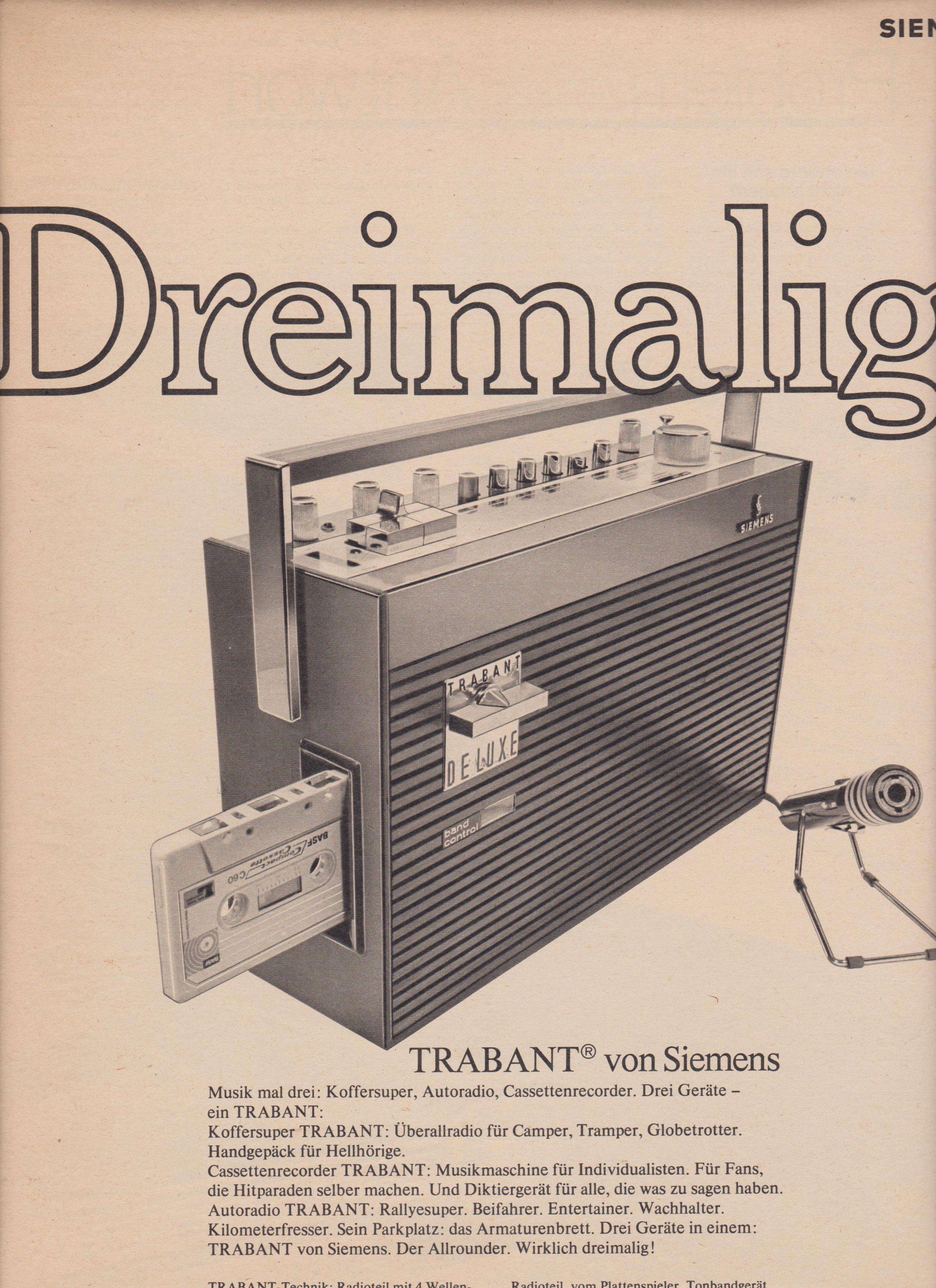 Siemens TRABANT DE LUXE – car cassette recorder and portable radio in one (Source: BSH Corporate Archives, C02-0126).