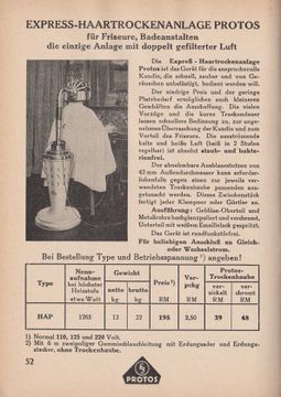 Siemens began producing home appliances under the “Protos” brand name in 1925. The Protos Express hair drying system from 1933 with drying hood in nickel- or chromium-plated design was aimed primarily at professional users. (Source: BSH Corporate Archives)